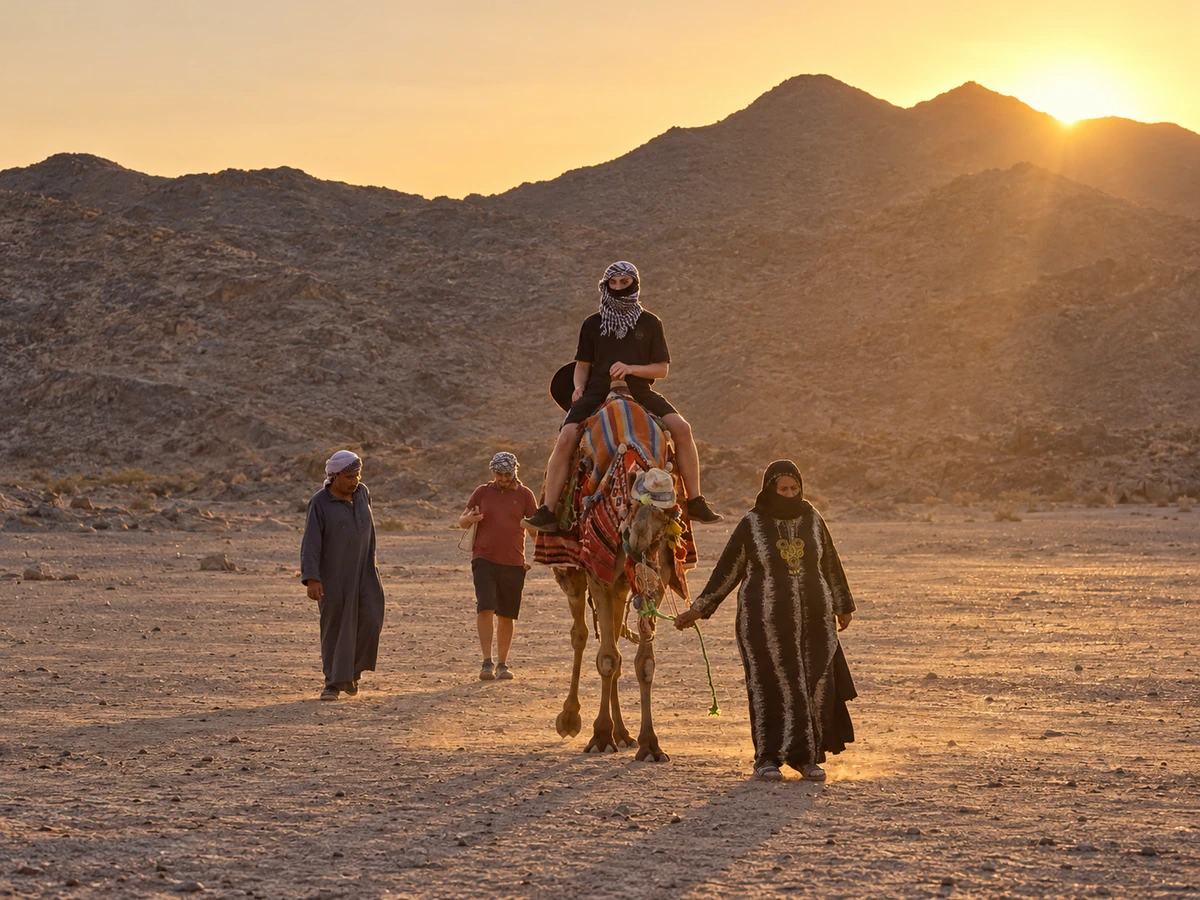 Camel excursion in the Egyptian desert at sunset